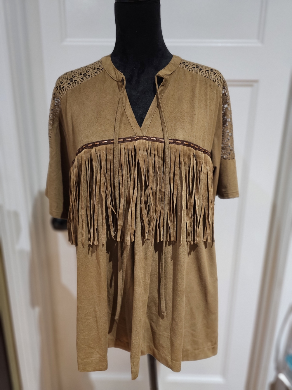 Umgee Womens Fringe Top with Crochet Shoulders